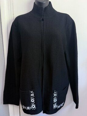 VTG Carole Little 100% Wool Embroidered Jacket Black Mandarin Collar Large
